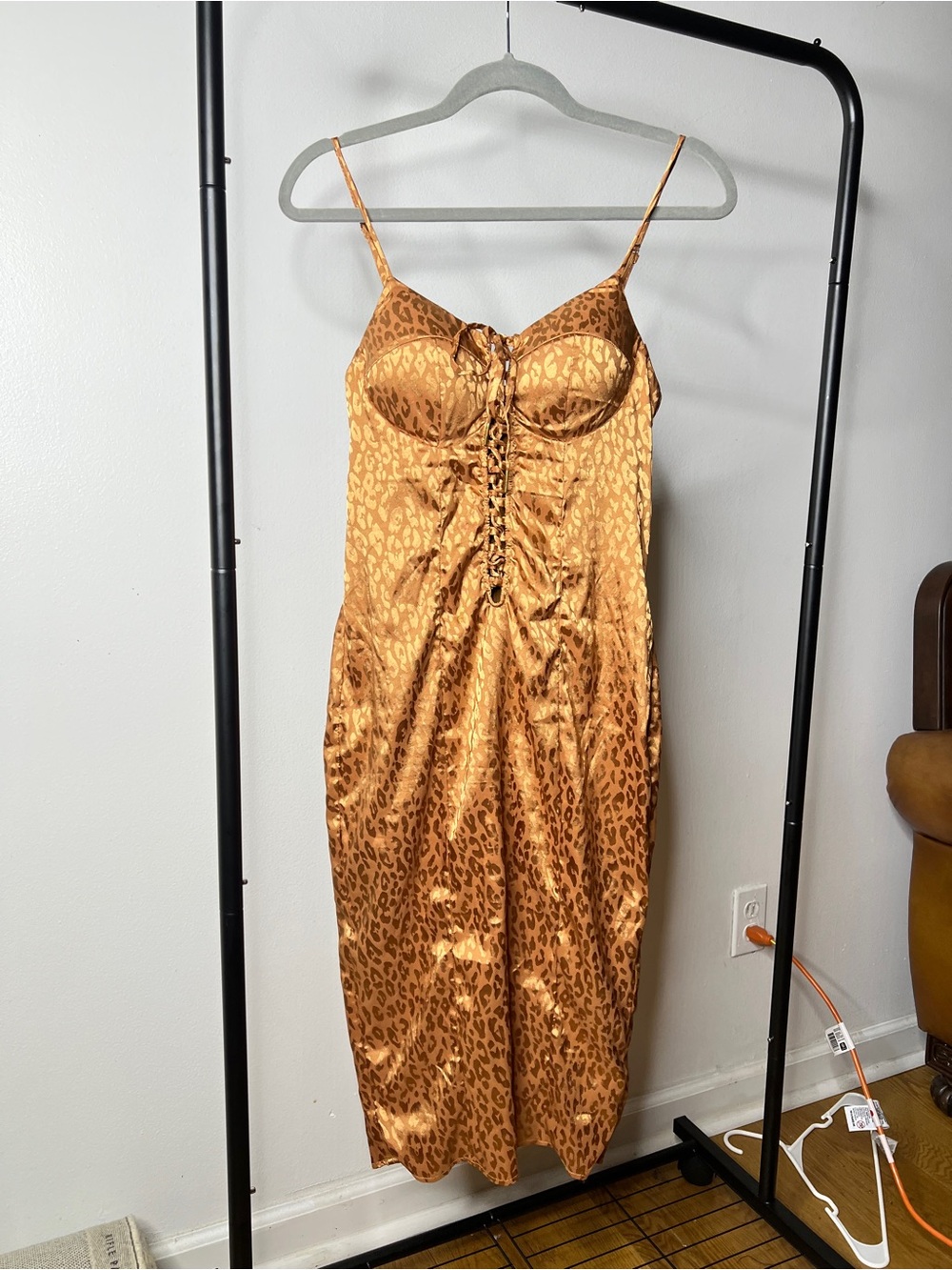 Gold Animal Print Midi Dress with Lace-Up Front
